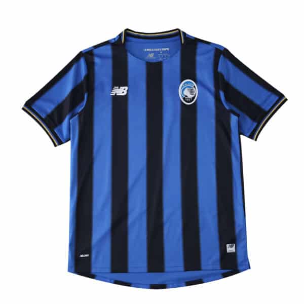 Atalanta 2025/26 home fan jersey with blue and black stripes, New Balance logo, and club crest.