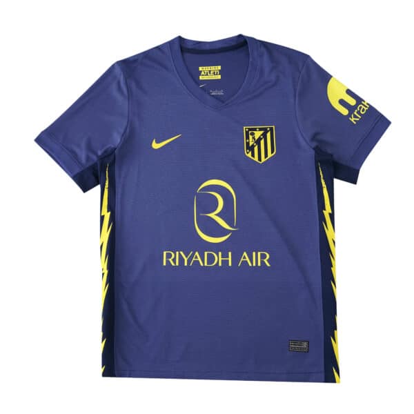 Atlético Madrid Away 2025/26 Fan Version jersey in purple with yellow accents and sponsor logos.