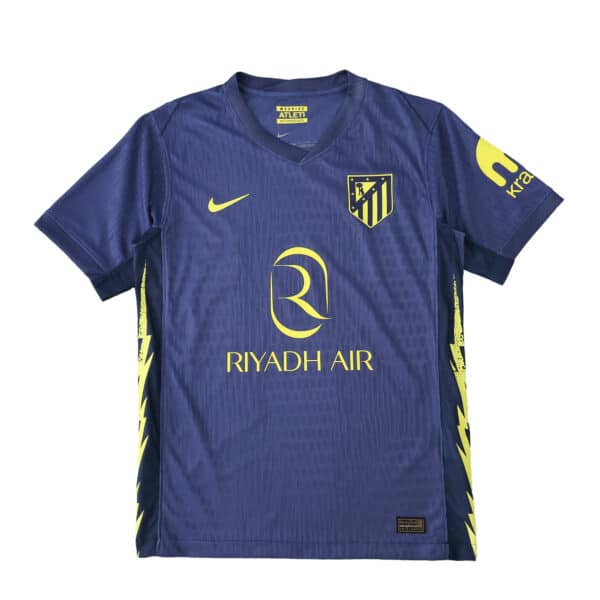 Atlético Madrid Away 2025/26 Player Version jersey in dark blue with yellow accents and sponsor logos.