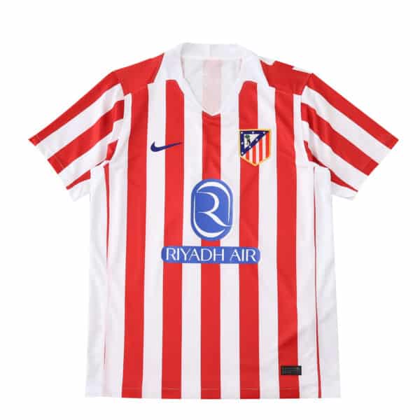 Atlético Madrid Home 2025/26 Fan Version jersey with red and white stripes, Nike logo, and Riyadh Air sponsor.