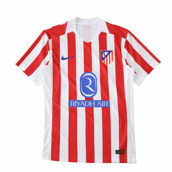 Atlético Madrid 2025/26 home player jersey with red stripes, Nike logo, club crest, and Riyadh Air sponsor.