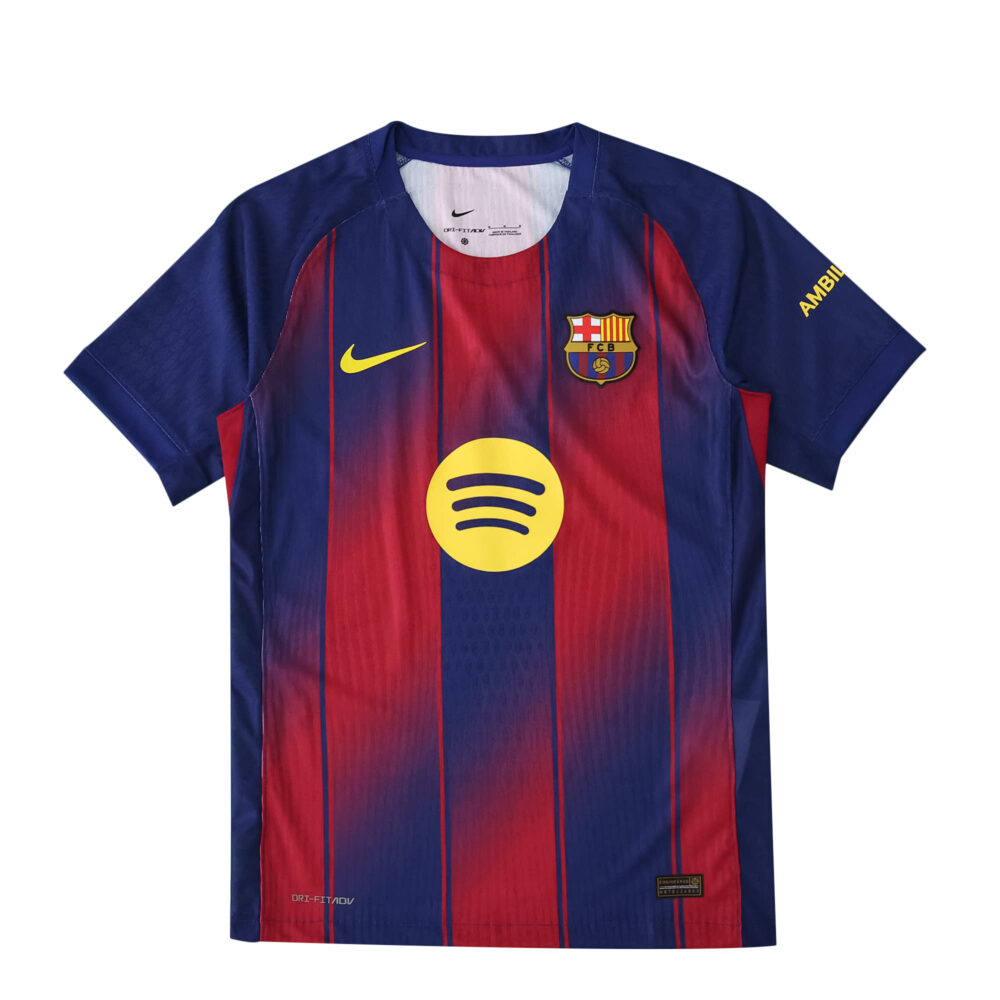 Barcelona Home 2025/26 Player Version jersey with vertical stripes, Nike and Spotify logos, club badge.