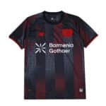 Bayer Leverkusen 2025/26 home fan jersey with red and black pattern, club crest, and sponsor logos.