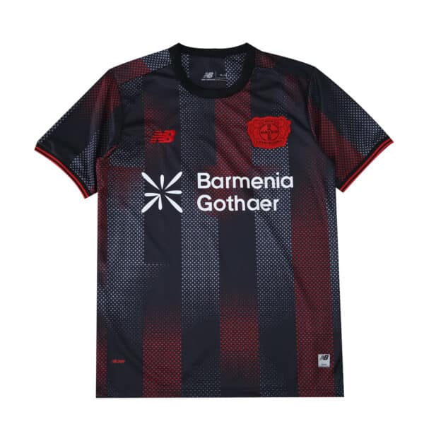 Bayer Leverkusen 2025/26 home fan jersey with red and black pattern, club crest, and sponsor logos.