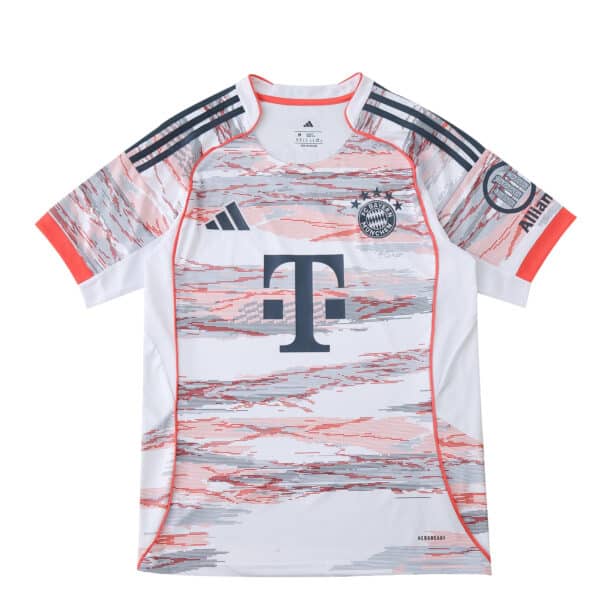 Bayern Munich 2025/26 Away Fan Version jersey with abstract red and gray design on white background.