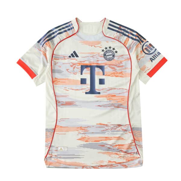 Bayern Munich Away 2025/26 Player Version jersey with red, blue, and orange abstract pattern on white.