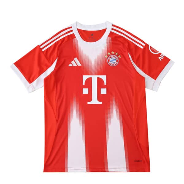 Bayern Munich 2025/26 Home Fan Version jersey, red with white vertical accents and sponsor logos.
