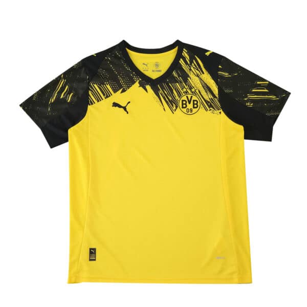Borussia Dortmund Home 2025/26 Fan Version jersey in yellow with black graphic shoulders and BVB crest.