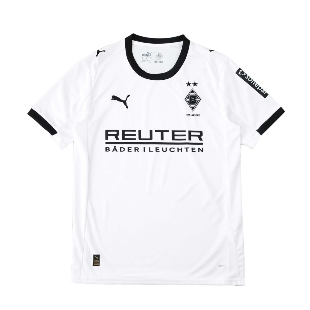 Borussia Monchengladbach 2025/26 home fan jersey, white with black accents and sponsor logos.