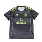 Celtic Away 2025/26 Fan Version jersey, dark with neon green stripes and sponsor logo on front.