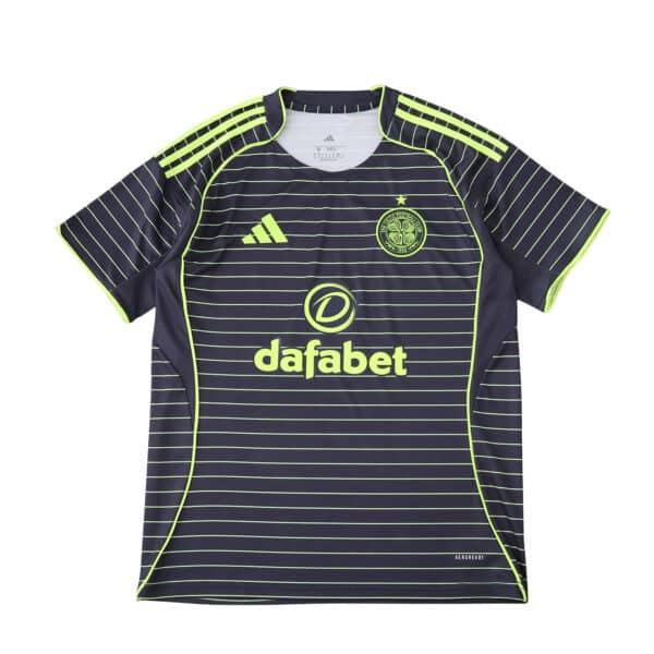 Celtic Away 2025/26 Fan Version jersey, dark with neon green stripes and sponsor logo on front.
