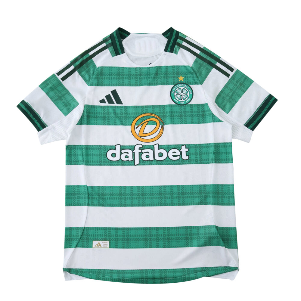 Celtic 2025/26 Home Player Version jersey with green hoops, adidas logo, and Dafabet sponsor.