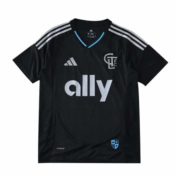 Charlotte FC 2025/26 Away Fan Version jersey in black with silver stripes and sponsor logo on the front.