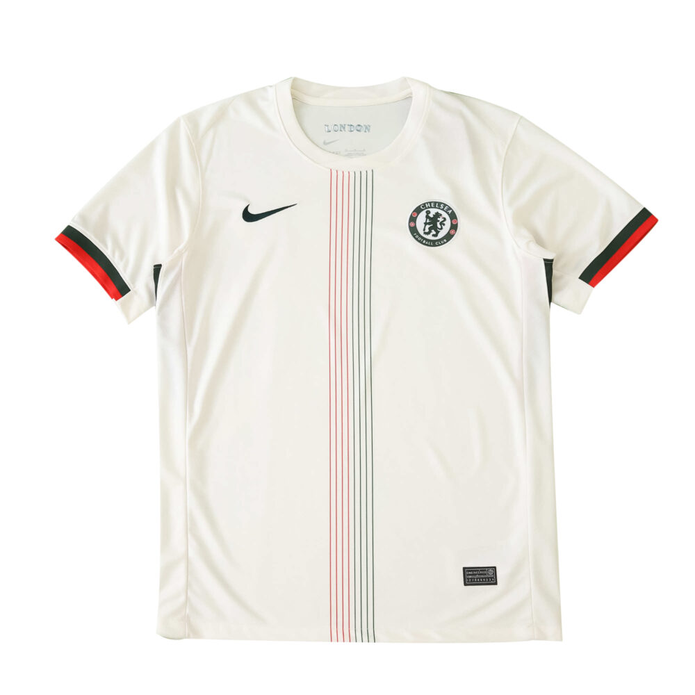 Chelsea Away 2025/26 Fan Version jersey, white with red and black striped accents and club crest on chest.