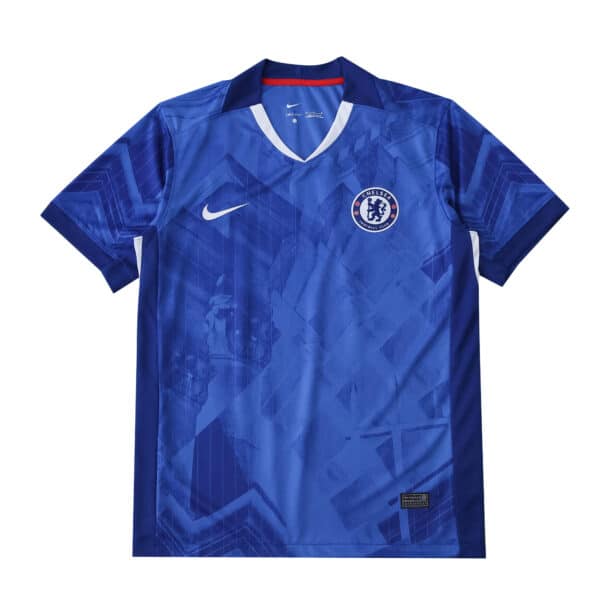 Chelsea FC 2025/26 home fan version jersey in blue with geometric patterns and club crest on the chest.