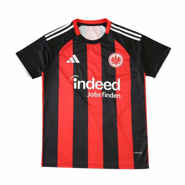 Eintracht Frankfurt Home 2025/26 fan jersey with red and black stripes, sponsor logo, and club crest.