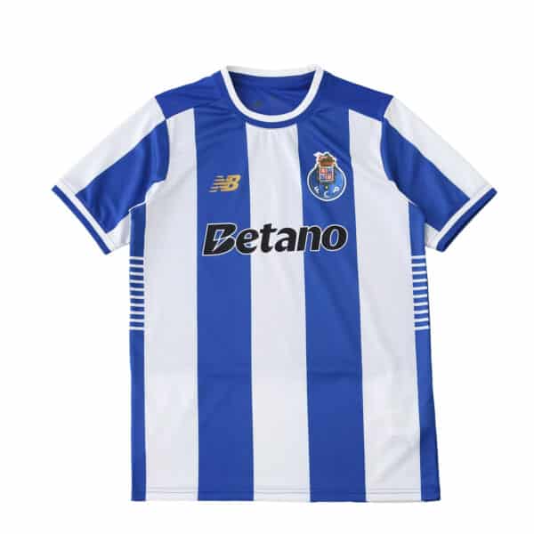 FC Porto 2025/26 home fan jersey with blue and white stripes, New Balance logo, and Betano sponsor.
