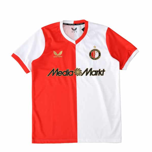 Feyenoord Home 2025/26 Fan Version jersey, red and white halves, club crest, MediaMarkt sponsor.