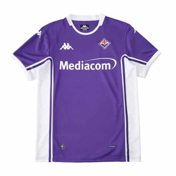 Fiorentina 2025/26 home fan jersey in purple with white trim, Kappa and Mediacom logos on front.