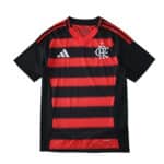 Flamengo Home 2025/26 Fan Version jersey with red and black stripes, club crest, and Adidas logo.