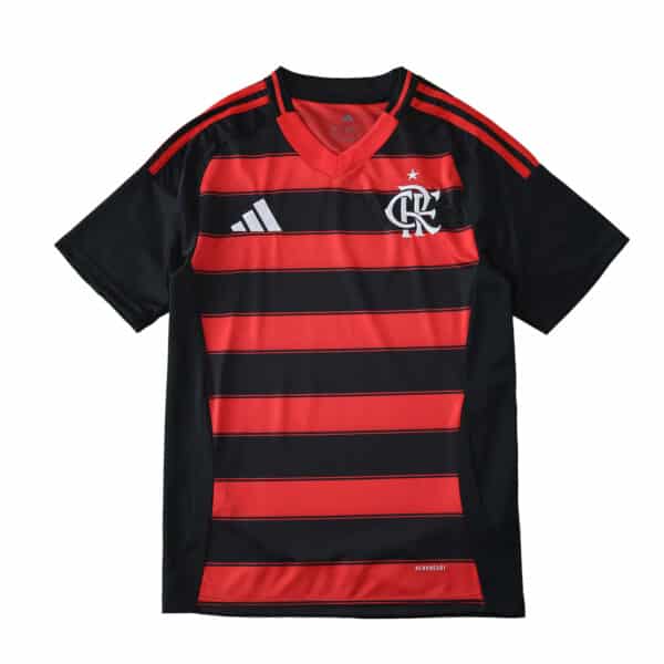Flamengo Home 2025/26 Fan Version jersey with red and black stripes, club crest, and Adidas logo.