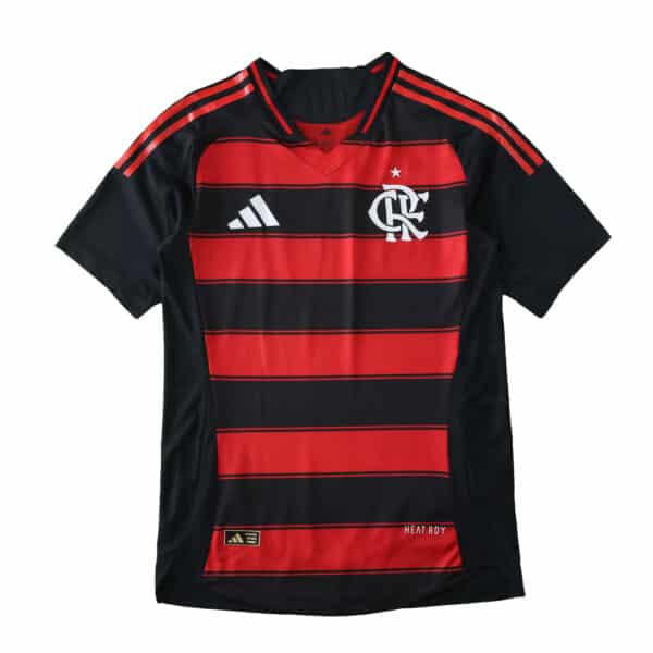 Flamengo Home 2025/26 Player Version jersey, red and black hoops with logo and Adidas stripes on shoulders.