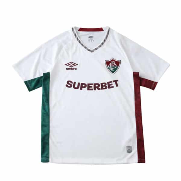 Fluminense Away Fan Version 2025/26 jersey, white with green and maroon accents, Umbro and SUPERBET logos.