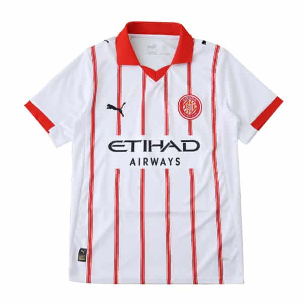 Girona FC 2025/26 home fan jersey, white with red vertical stripes, sponsor and club badges visible.
