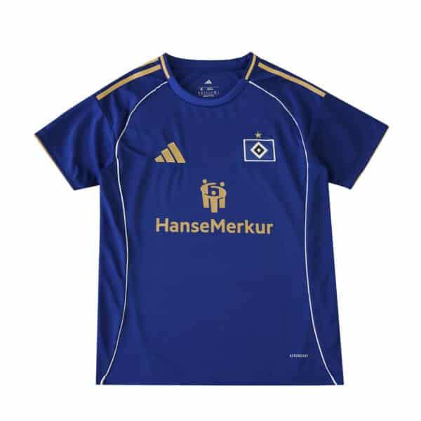 Hamburger SV Away 2025/26 Fan Version jersey in blue with gold accents and sponsor logo on the front.