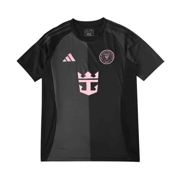 Inter Miami CF 2025/26 Away Fan Version jersey in black with pink crest and sponsor logo on the front.