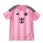 Inter Miami CF 2025/26 home fan jersey in pink with black logos and stripes, displayed on a white background.