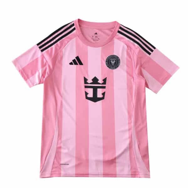 Inter Miami CF 2025/26 home fan jersey in pink with black logos and stripes, displayed on a white background.