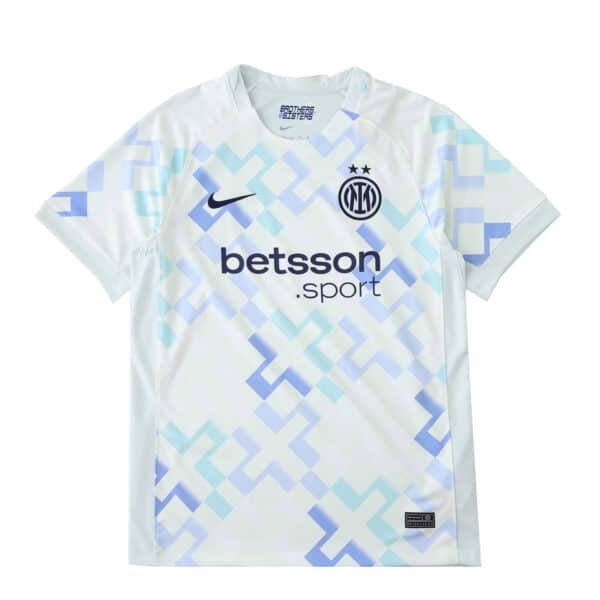 Inter Milan 2025/26 Away Fan Version jersey with geometric blue pattern, sponsor, and club crest.
