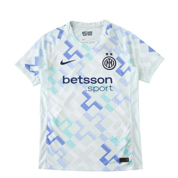 Inter Milan Away 2025/26 Player Version jersey with blue geometric patterns and sponsor logos on the front.