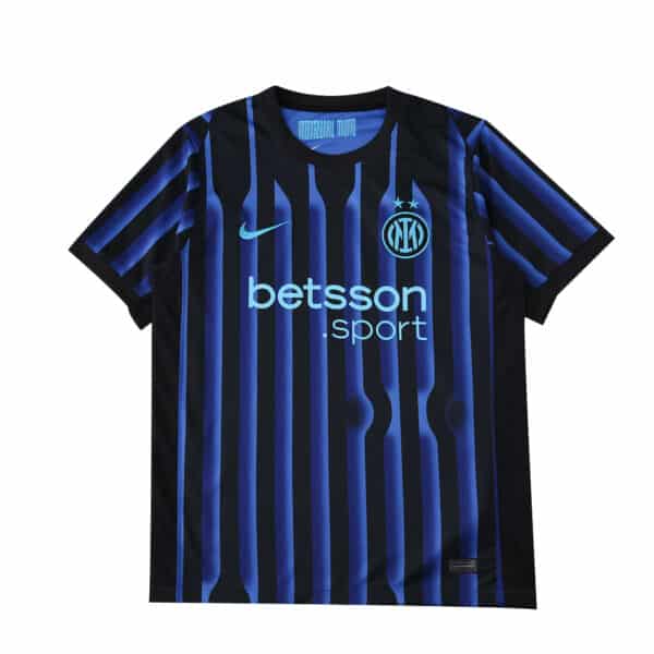 Inter Milan Home 2025/26 Fan Version jersey with blue and black stripes, sponsor logo, and club crest.