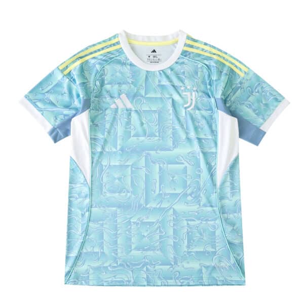 Juventus Away 2025/26 Fan Version jersey, light blue with yellow shoulder stripes and white side panels.