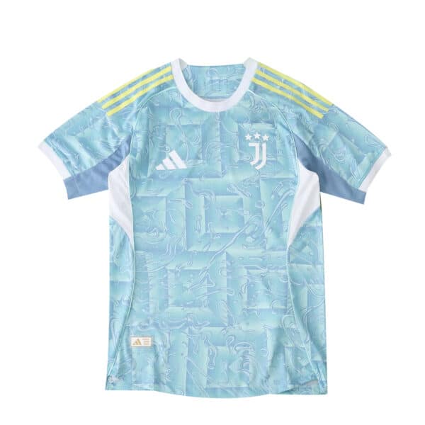 Juventus Away 2025/26 Player Version jersey in light blue with yellow stripes and white logo accents.