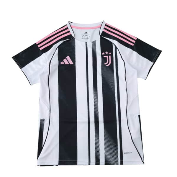 Juventus Home 2025/26 Fan Version jersey with black and white stripes, pink accents, and club crest.