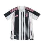 Juventus 2025/26 home player version jersey with black and white stripes, pink accents, and adidas logo.