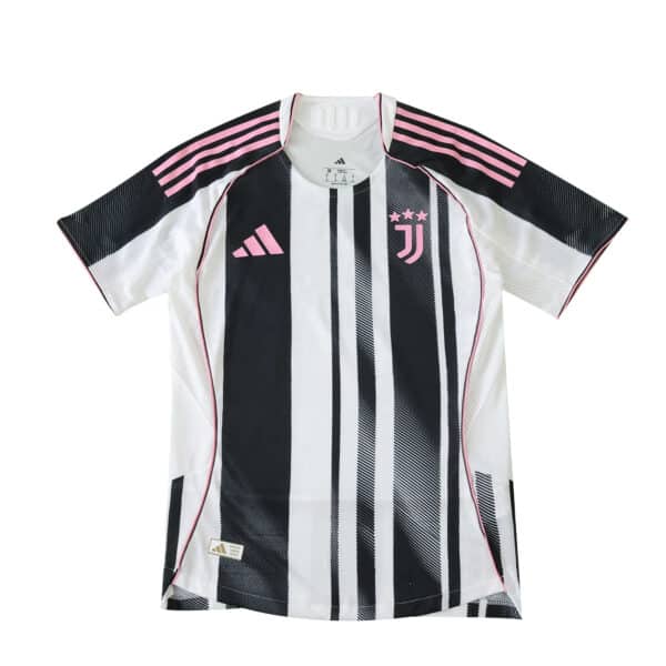 Juventus 2025/26 home player version jersey with black and white stripes, pink accents, and adidas logo.