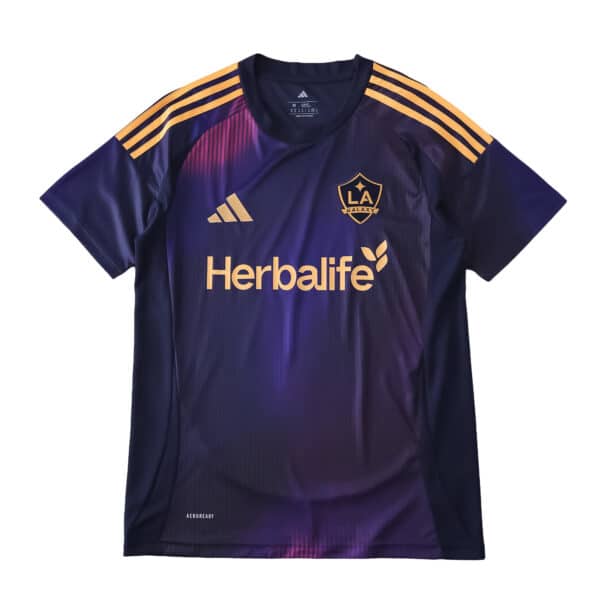 LA Galaxy Away Fan Version jersey 2025/26 in dark purple with gold accents and Herbalife sponsor logo.