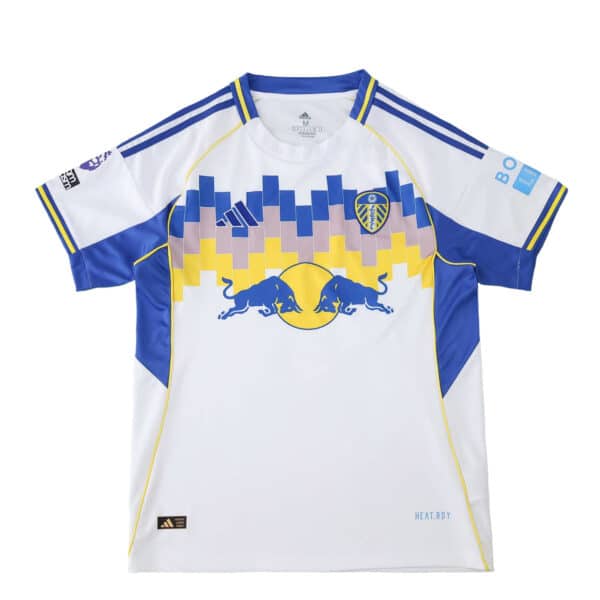 Leeds United 2025/26 home fan jersey, white with blue and yellow pixel graphic and team crest on chest.