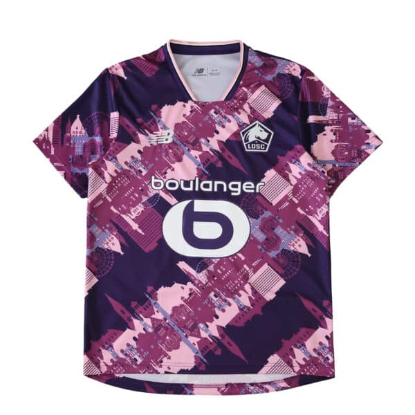 Lille LOSC Away 2025/26 Fan Version jersey in purple with geometric pink patterns, New Balance logo visible.