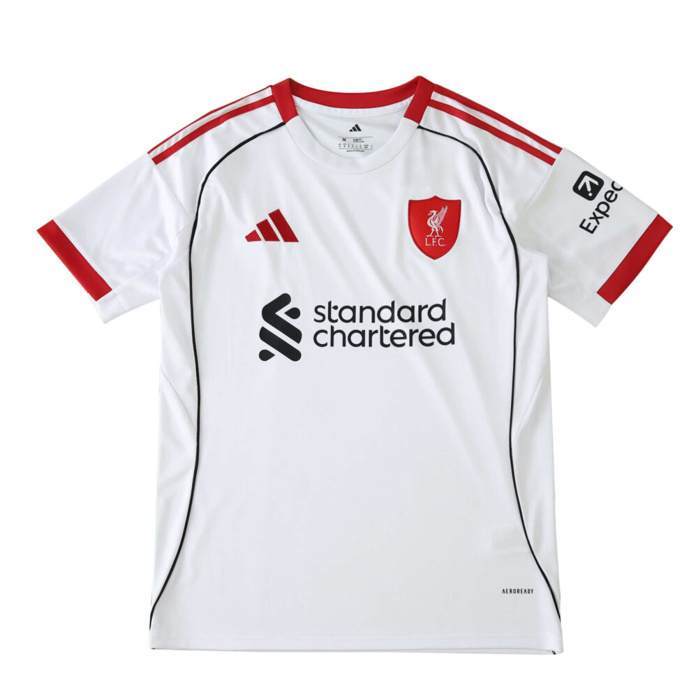 Liverpool Away 2025/26 Fan Version jersey in white with red accents, club crest, and sponsor logos.