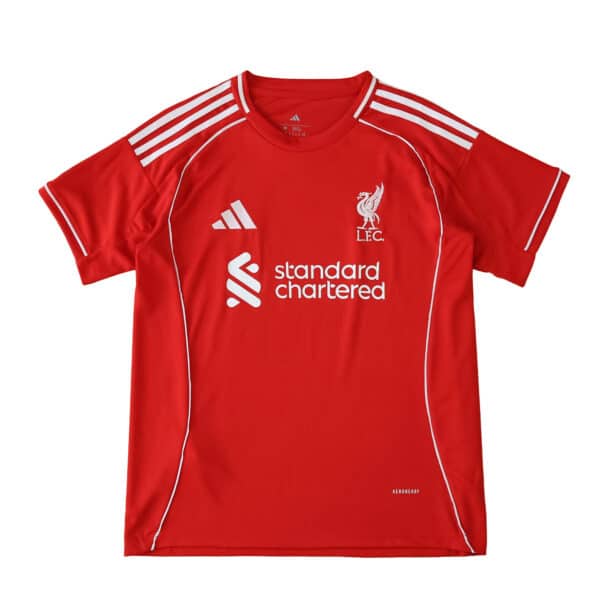 Liverpool Home 2025/26 Fan Version jersey, red with white logos and stripes, front view.