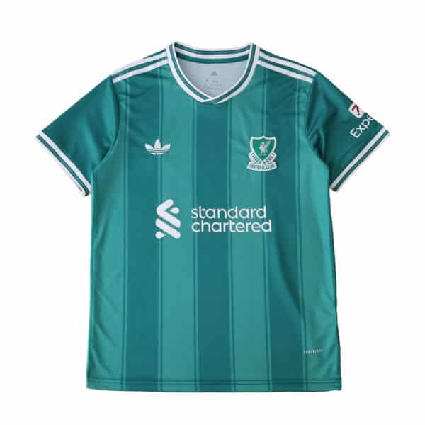 Liverpool Third 2025/26 Fan Version jersey in teal with white accents, sponsor logos, and club crest.