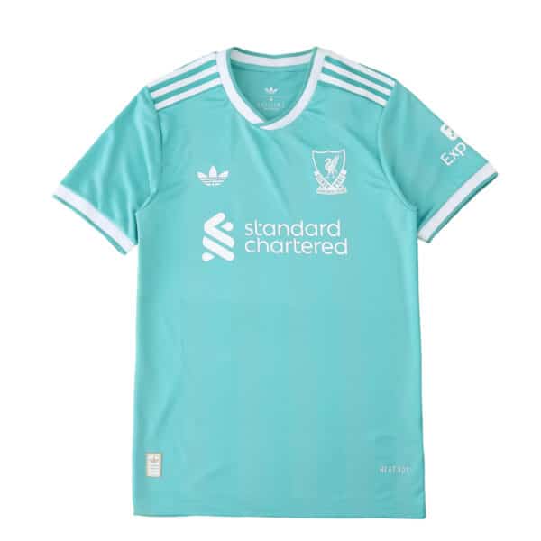 Liverpool Third 2025/26 Player Version jersey in teal with white accents and sponsor logos.