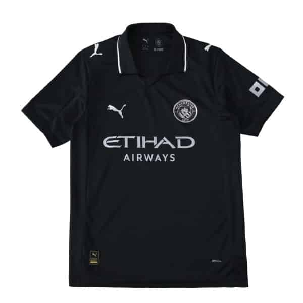 Manchester City Away 2025/26 Fan Version jersey in black with sponsor logos and club crest.