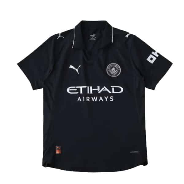Manchester City Away 2025/26 Player Version jersey in black with sponsor and club logos on the front.
