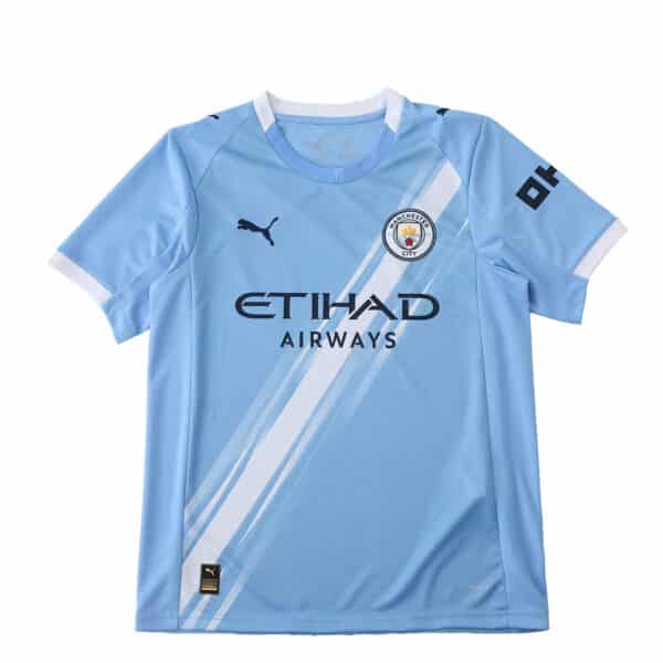Manchester City 2025/26 home fan jersey in sky blue with white and navy accents, Puma logo, and Etihad Airways sponsor.